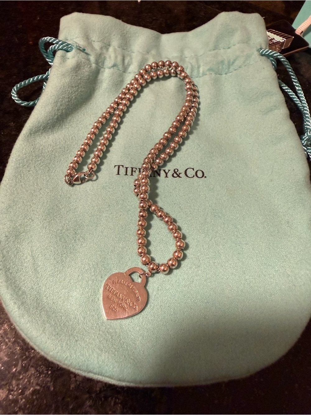 Tiffany & Co. Silver Bead Necklace with Heart Tag